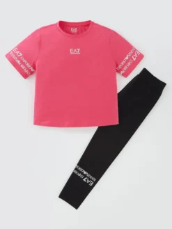 EA7 Emporio Armani Girls Shiny Logo T-shirt And Leggings Set - Pink/black