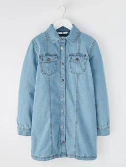 V By Very Girls Denim Button Through Shirt Dress - Blue