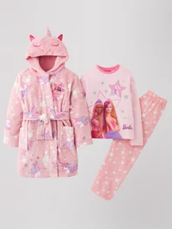 Barbie 3 Piece Unicorn Hood Detail Dressing Gown And Pyjama Set