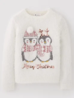 Mini V By Very Girls Christmas Penguin Knitted Jumper - Cream