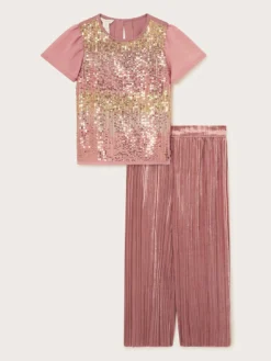 Monsoon Girls Party Sequin Top And Pleated Trouser Set - Pink