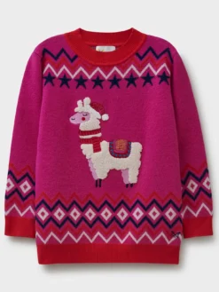 Crew Clothing Girls Christmas Llama Jumper - Bright Pink